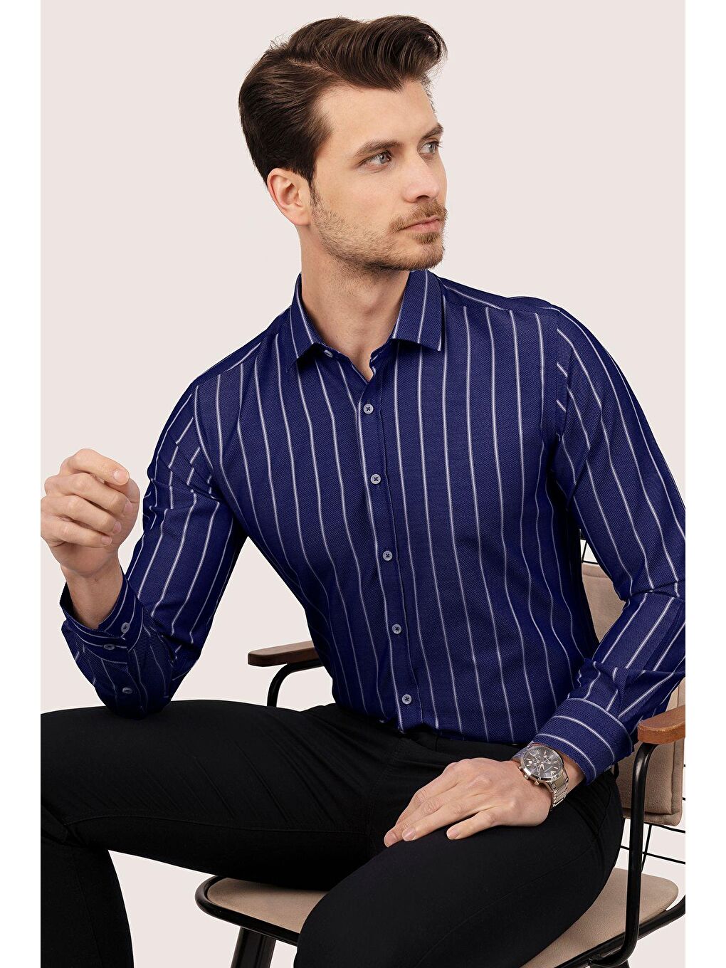 Lacivert Beyaz Çizgili Slimfit Erkek Gömlek-2