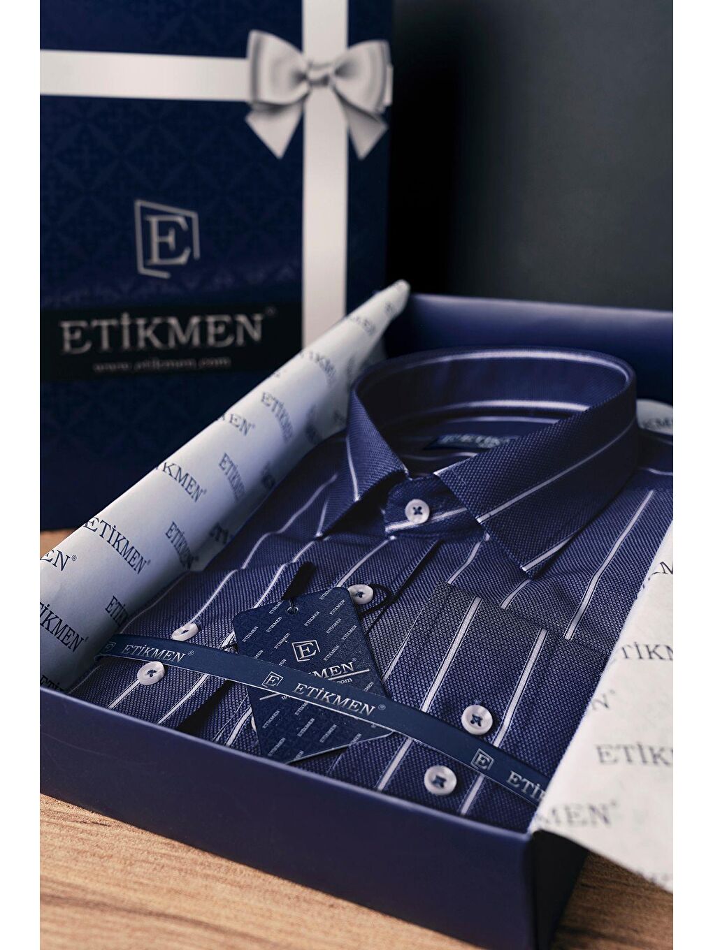 Lacivert Beyaz Çizgili Slimfit Erkek Gömlek-3