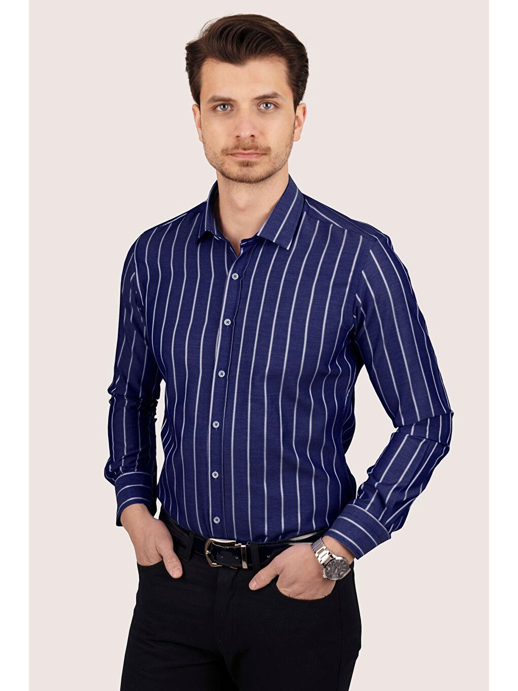 Lacivert Beyaz Çizgili Slimfit Erkek Gömlek-4