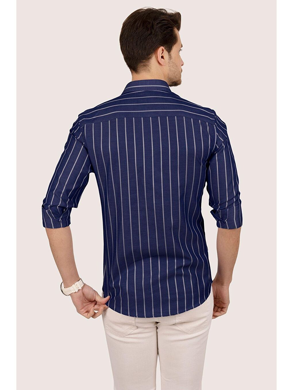 Lacivert Beyaz Çizgili Slimfit Erkek Gömlek-6