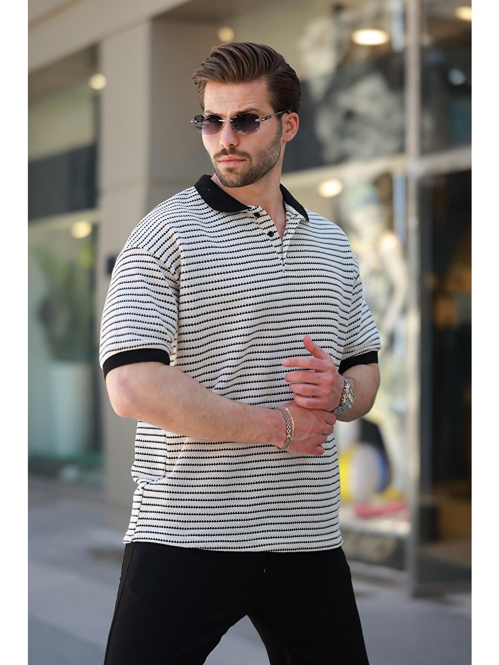 Siyah Polo Yaka Triko Erkek T-Shirt E7139