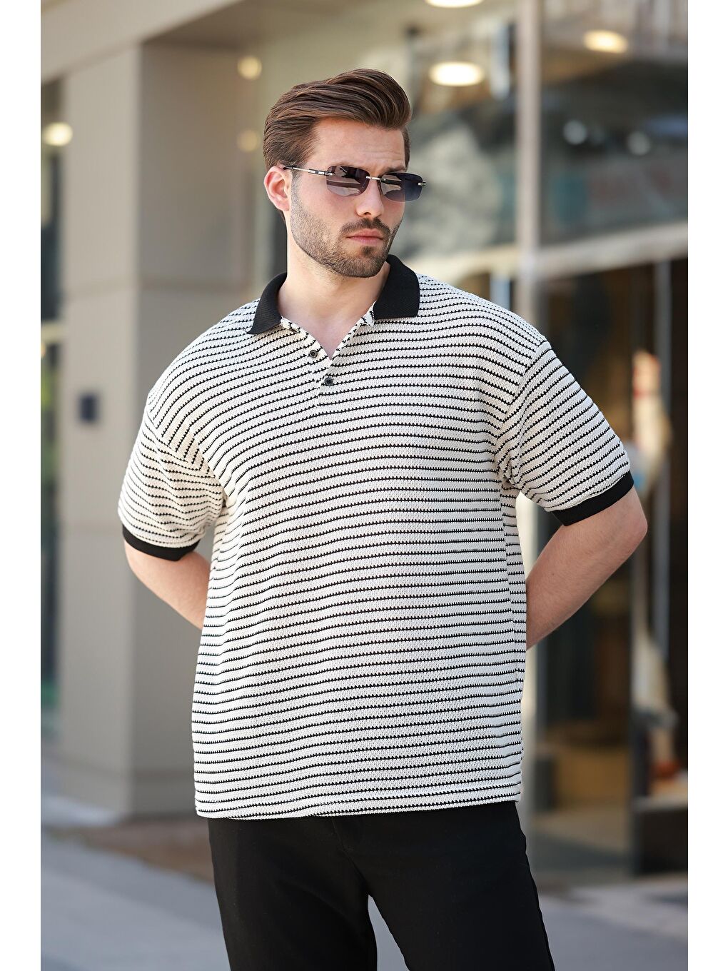 Siyah Polo Yaka Triko Erkek T-Shirt E7139-1