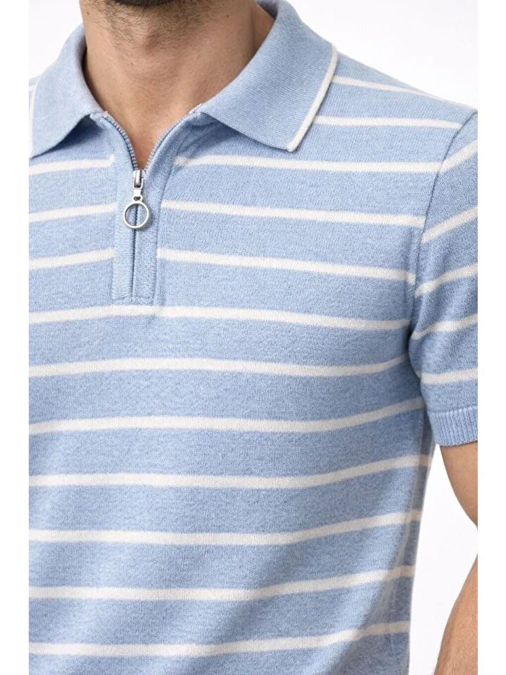 Mavi Erkek Triko Polo Yaka Fermuarlı Çizgili Tişört-1