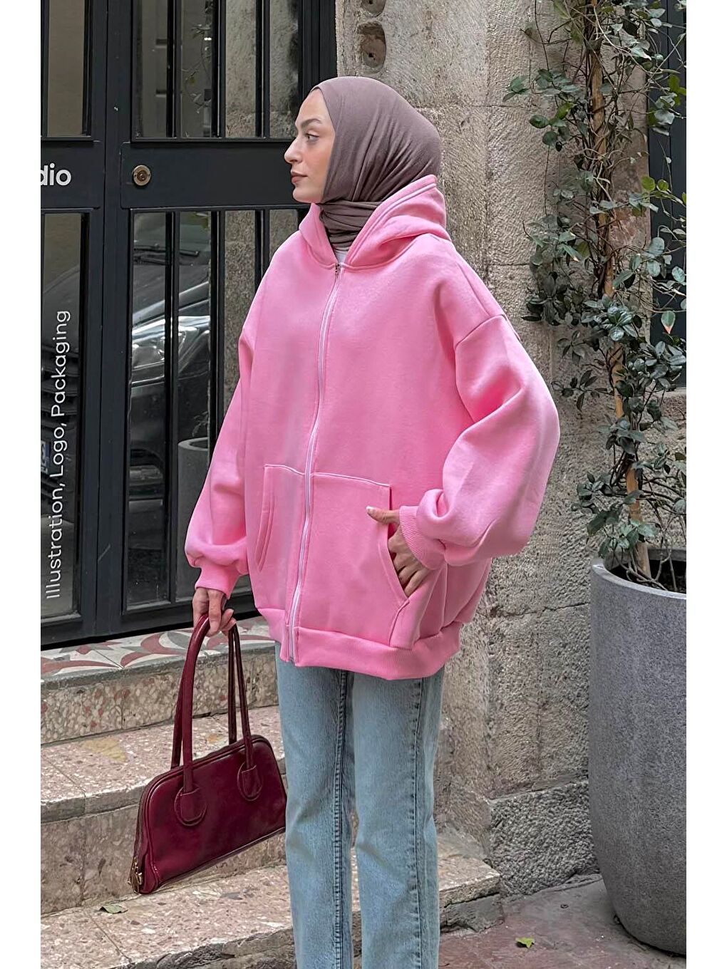 Kapüşonlu Oversize Yan Cepli Sweat Şeker Pembesi-1