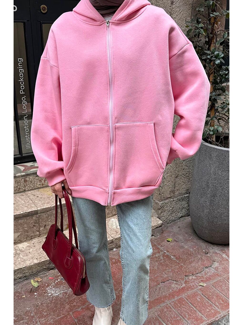 Kapüşonlu Oversize Yan Cepli Sweat Şeker Pembesi-2