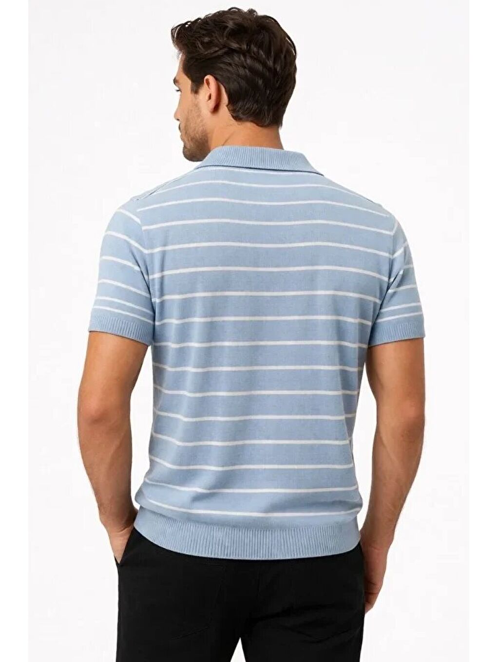 Mavi Erkek Triko Polo Yaka Fermuarlı Çizgili Tişört-2