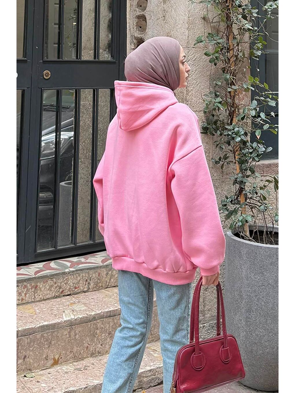 Kapüşonlu Oversize Yan Cepli Sweat Şeker Pembesi-3