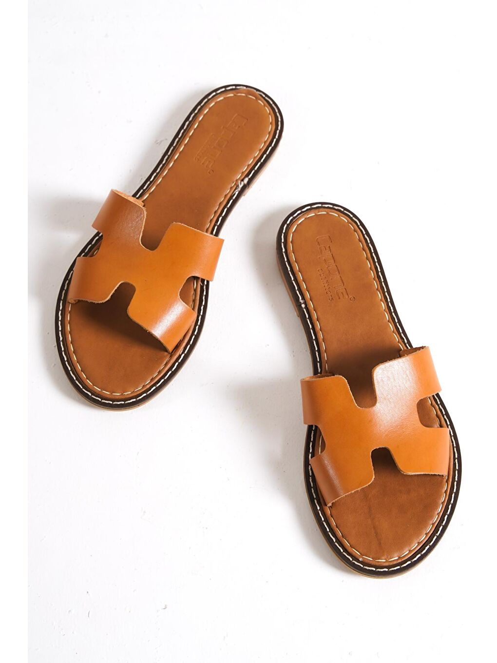 Kahverengi H Bantlı Kadın Deri Terlik-2