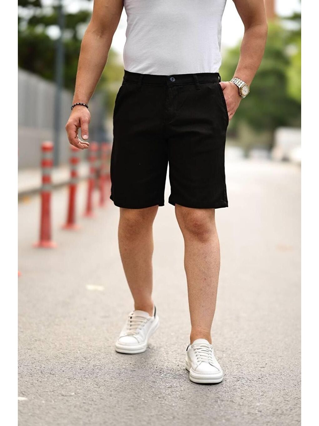 Siyah Erkek Örgü Gabardin Cepli Esnek Kumaş Slim Fit Kapri Şort