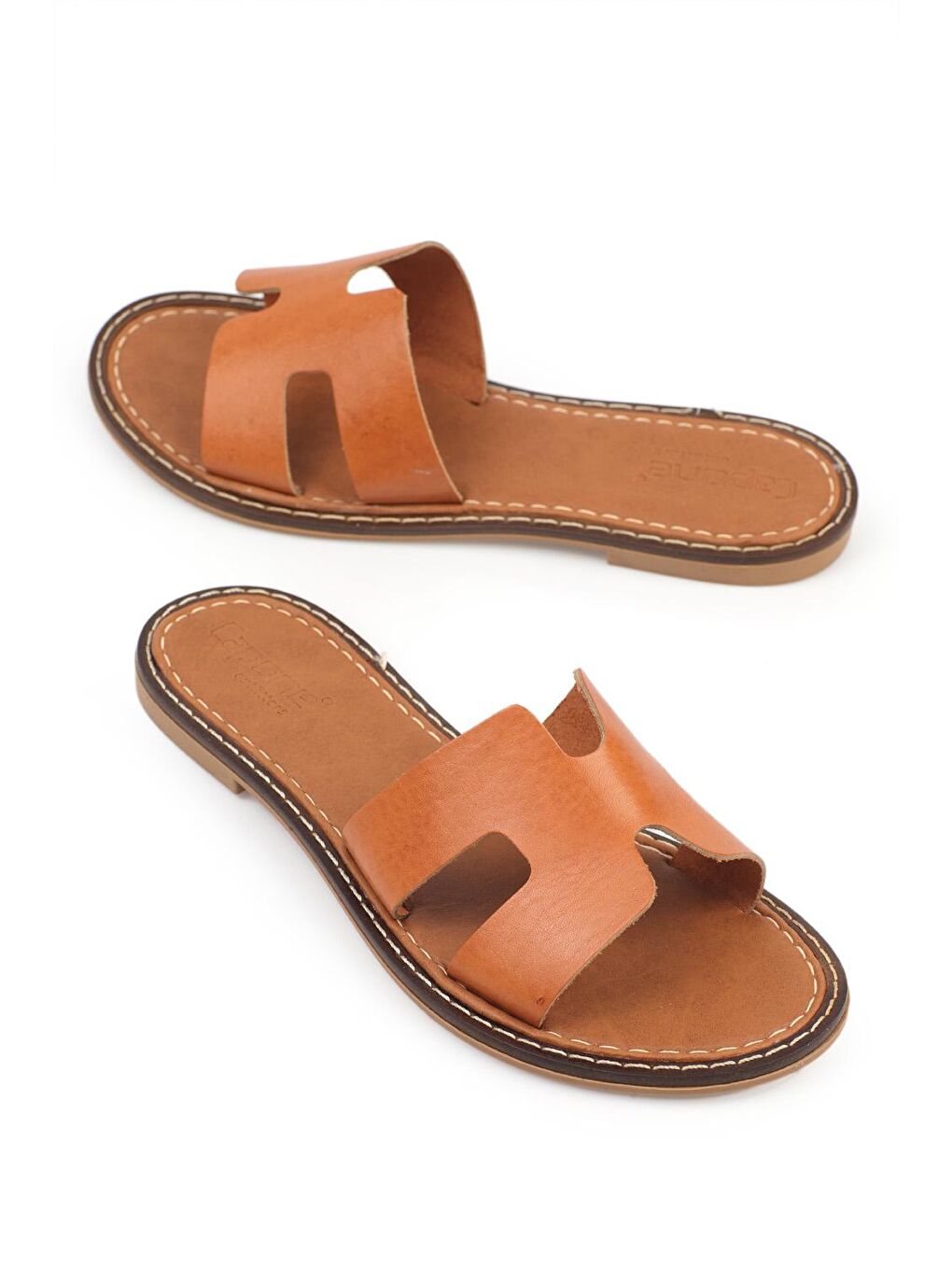 Kahverengi H Bantlı Kadın Deri Terlik-3