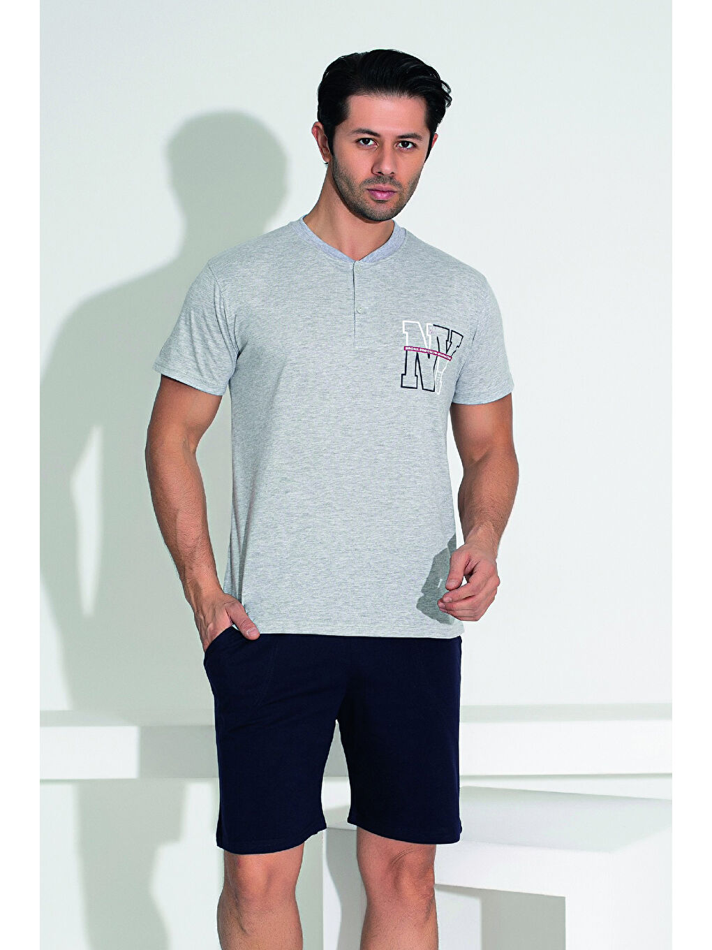 Erkek Şort Tişört %100 Pamuk Şortlu Pijama Takımı 25255 Gri