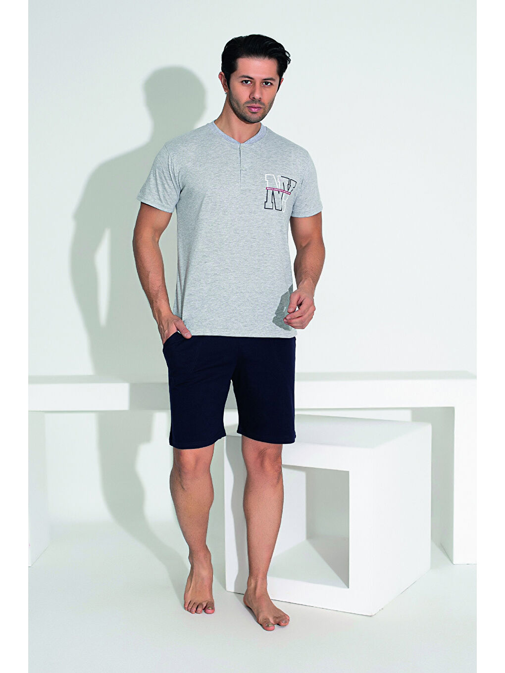 Erkek Şort Tişört %100 Pamuk Şortlu Pijama Takımı 25255 Gri-2