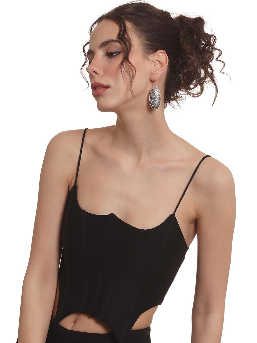 Gri Kadın Antik Gümüş Kaplama Sallantılı Model Etnik Motifli Oval Formlu Küpe-2