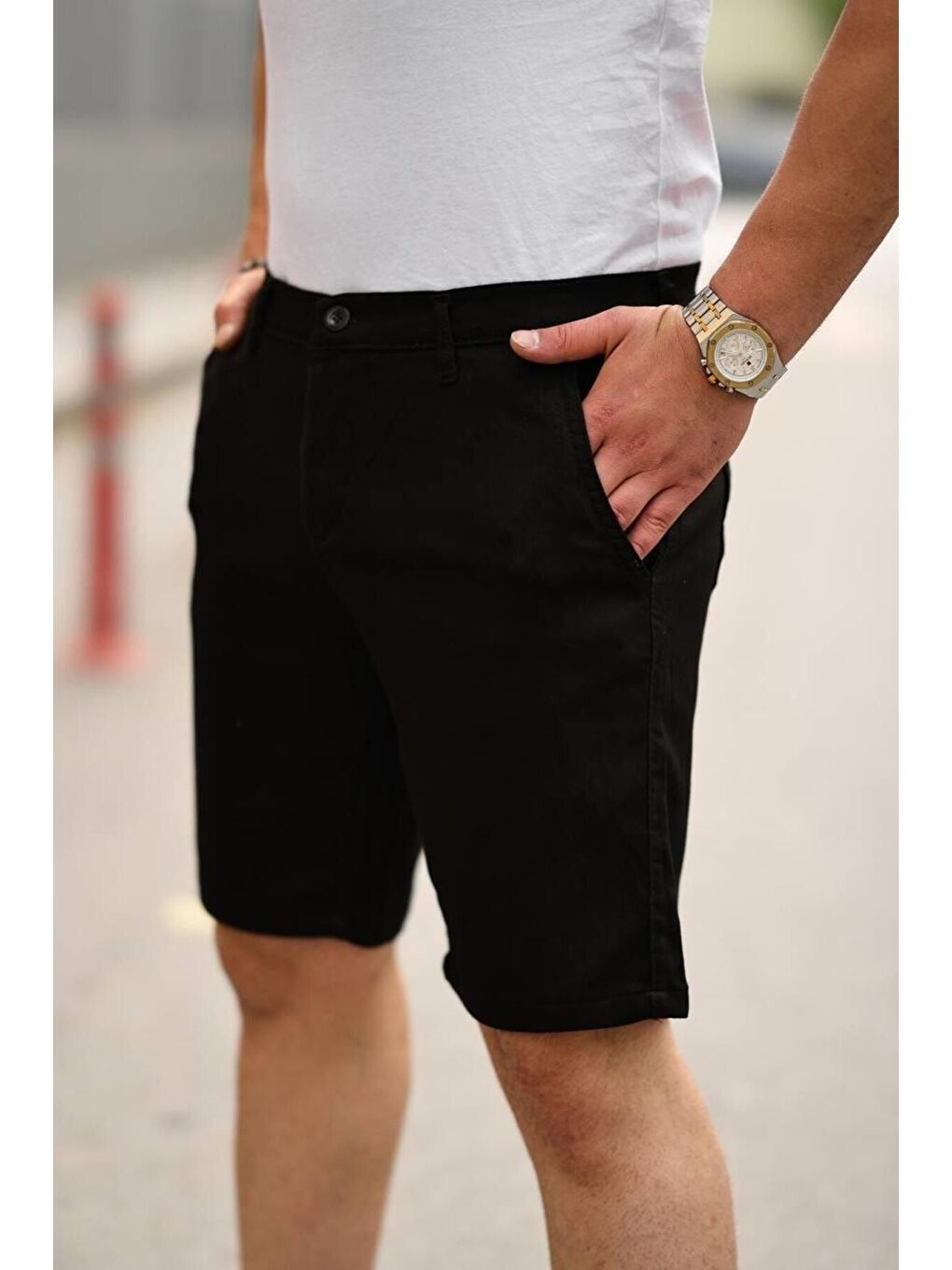 Siyah Erkek Örgü Gabardin Cepli Esnek Kumaş Slim Fit Kapri Şort-1