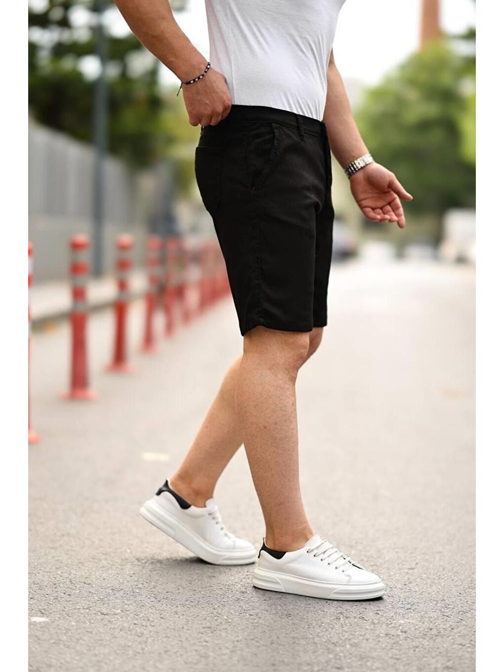 Siyah Erkek Örgü Gabardin Cepli Esnek Kumaş Slim Fit Kapri Şort-2