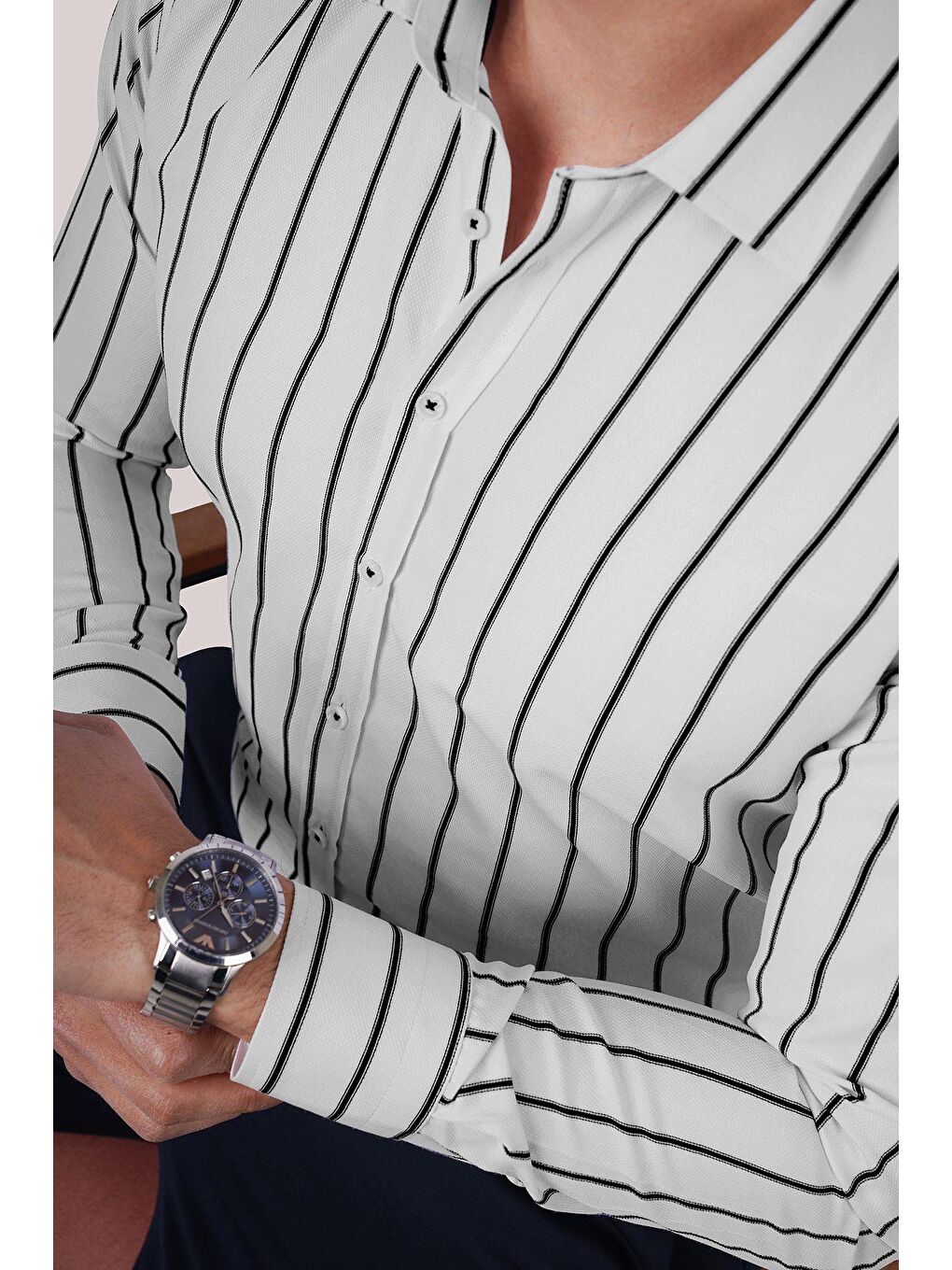 Beyaz Siyah Çizgili Slimfit Erkek Gömlek