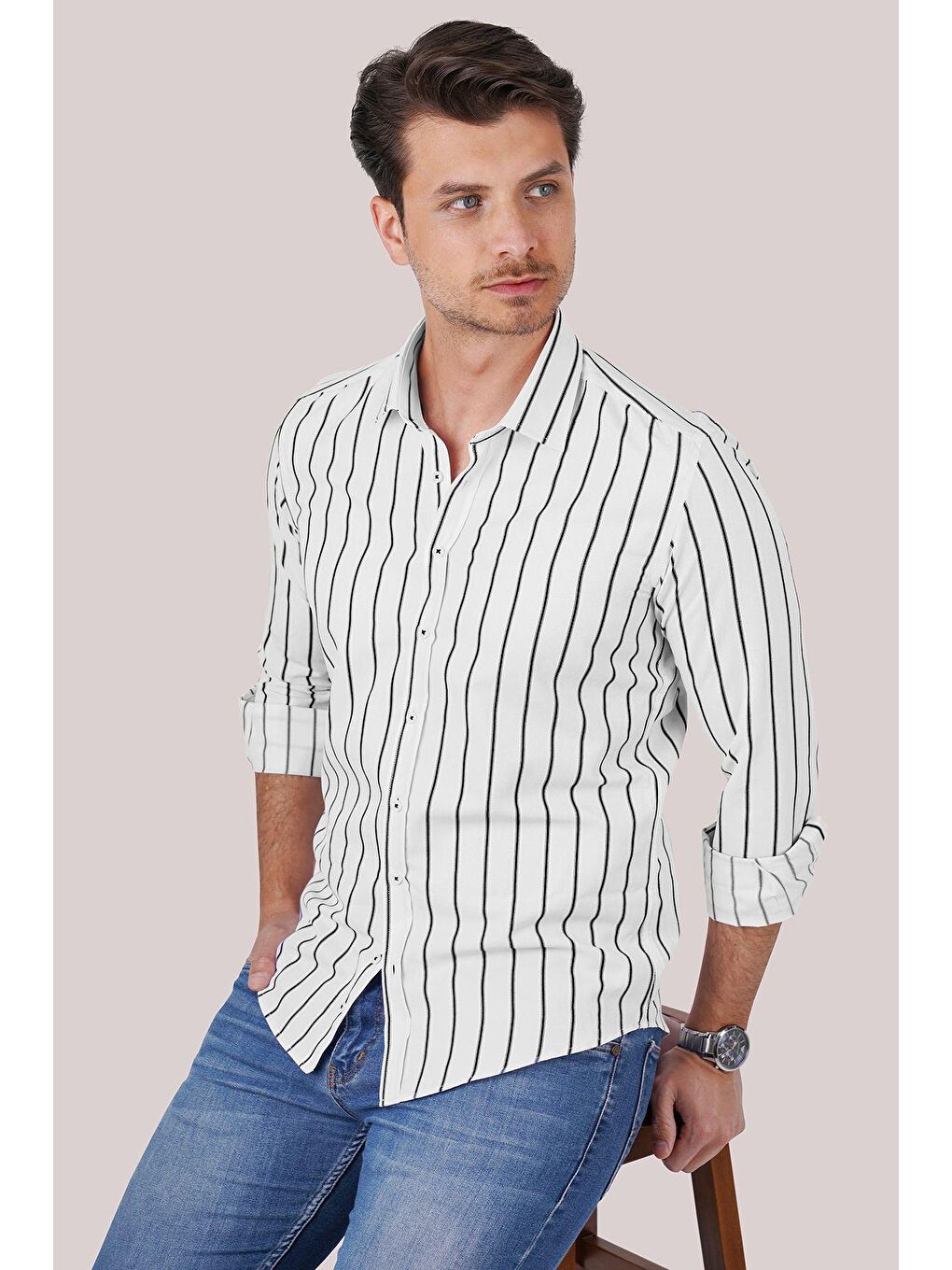 Beyaz Siyah Çizgili Slimfit Erkek Gömlek-1
