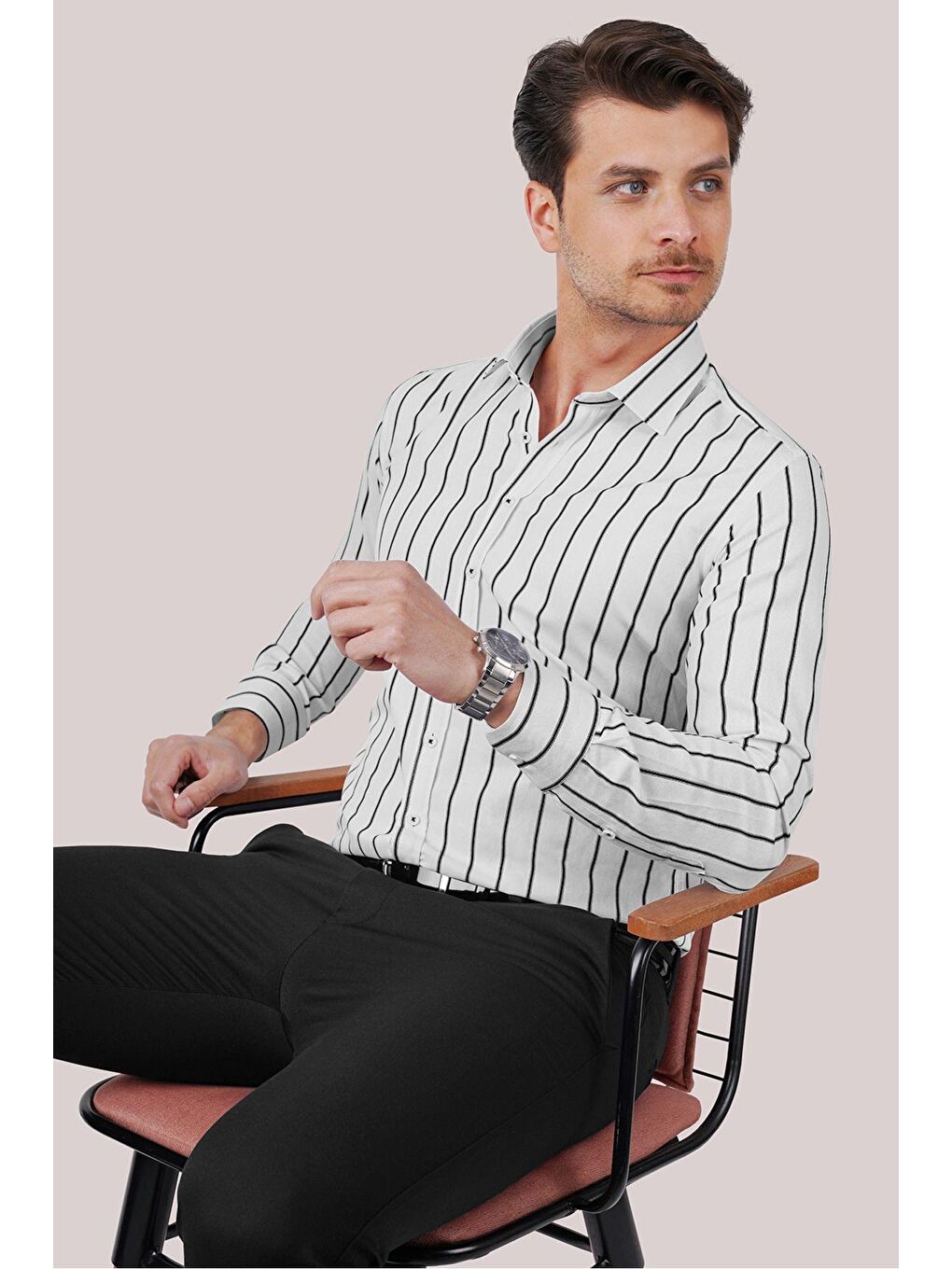 Beyaz Siyah Çizgili Slimfit Erkek Gömlek-2