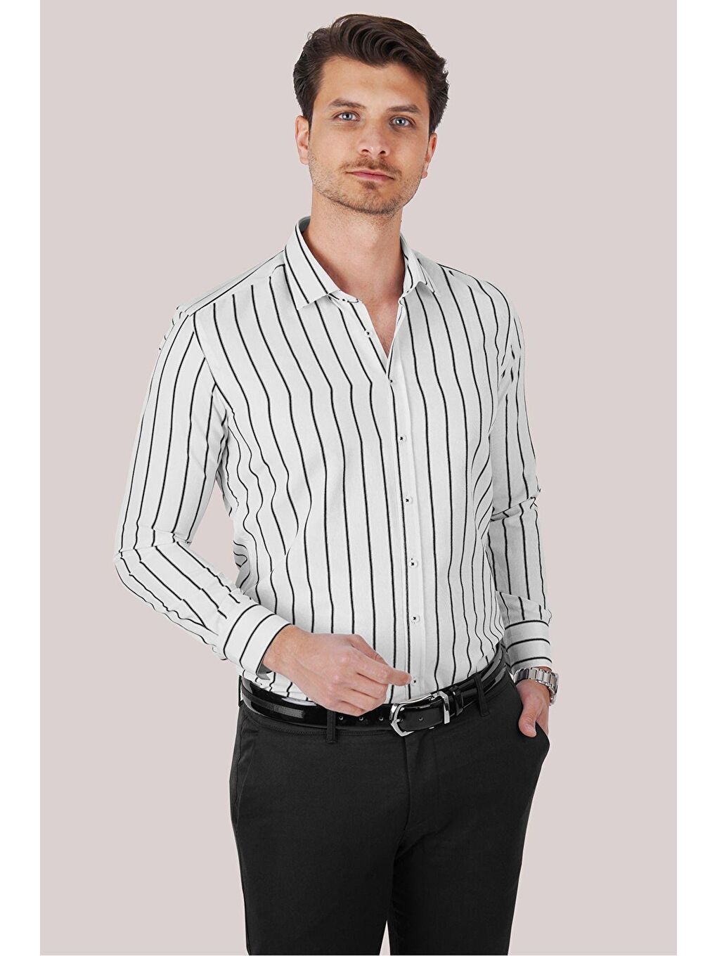 Beyaz Siyah Çizgili Slimfit Erkek Gömlek-4