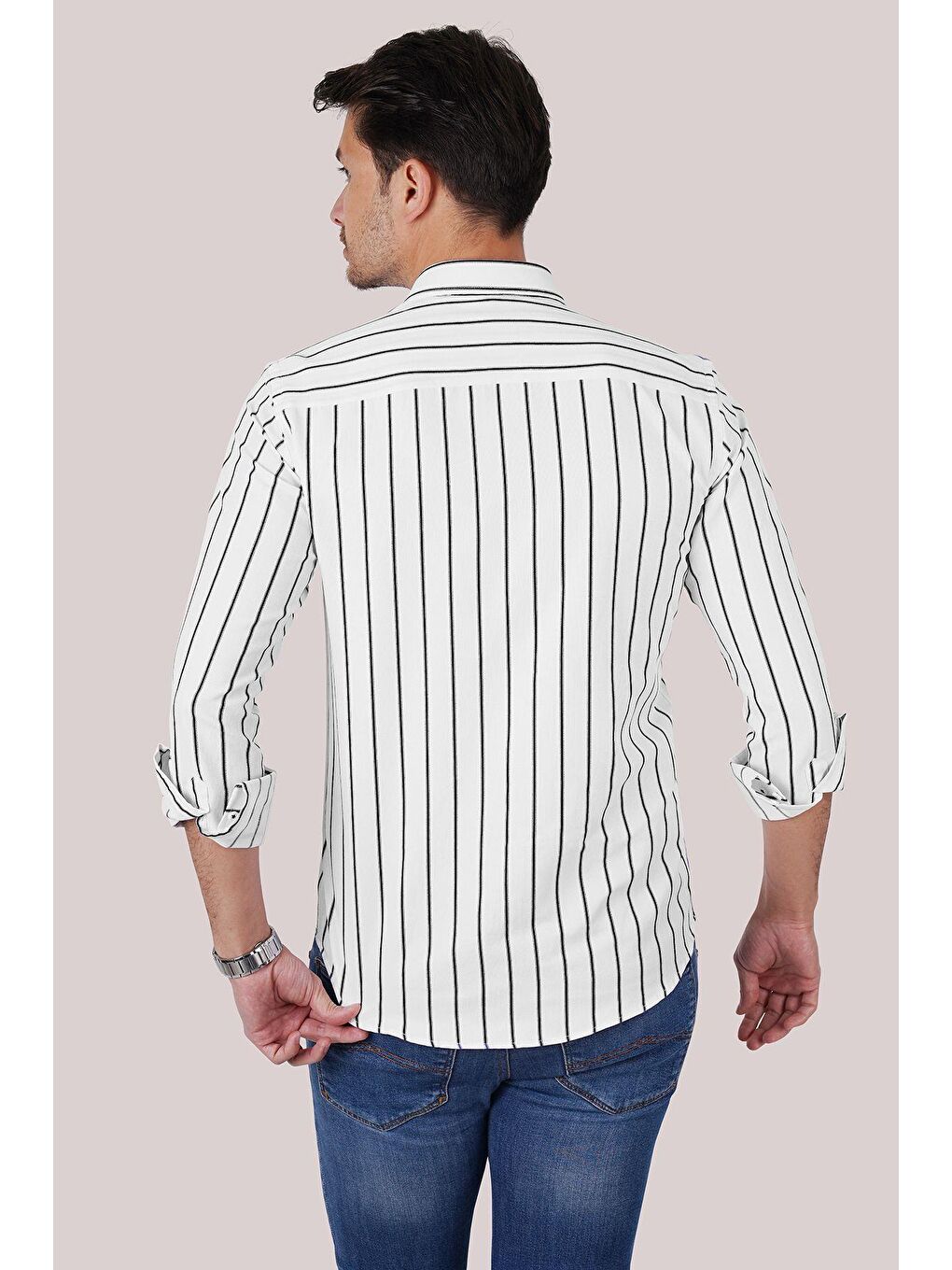 Beyaz Siyah Çizgili Slimfit Erkek Gömlek-6