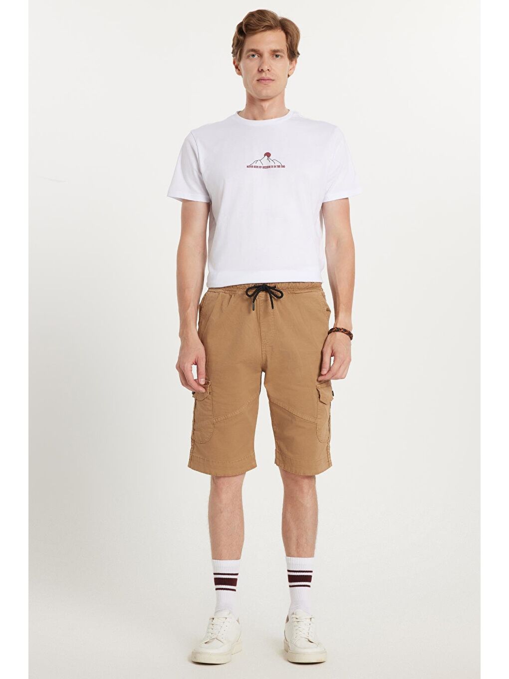 Kahverengi Erkek Relax Fit Rahat Kesim %100 Pamuk Kargo Cep Camel Kapri Şort-3