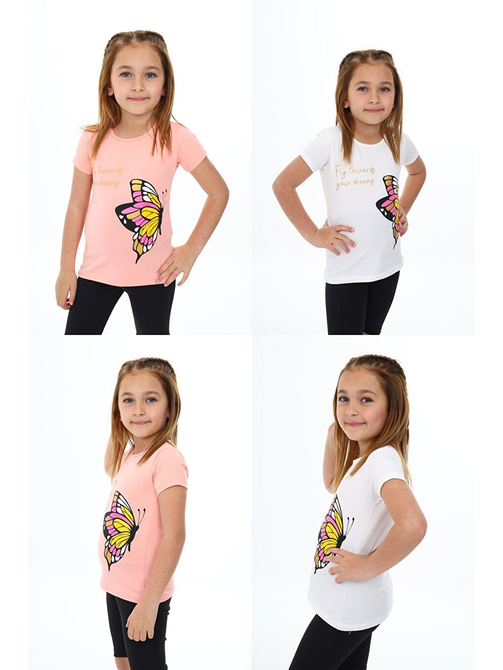 Pembe Kız Çocuk Kelebek Baskılı 2'li T-Shirt 3-13 Yaş Zu107