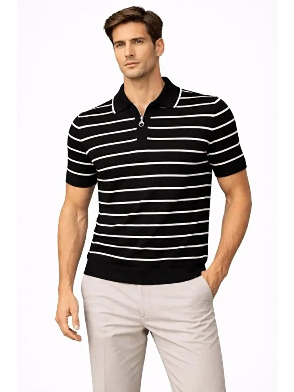 Siyah Erkek Triko Polo Yaka Fermuarlı Çizgili Tişört