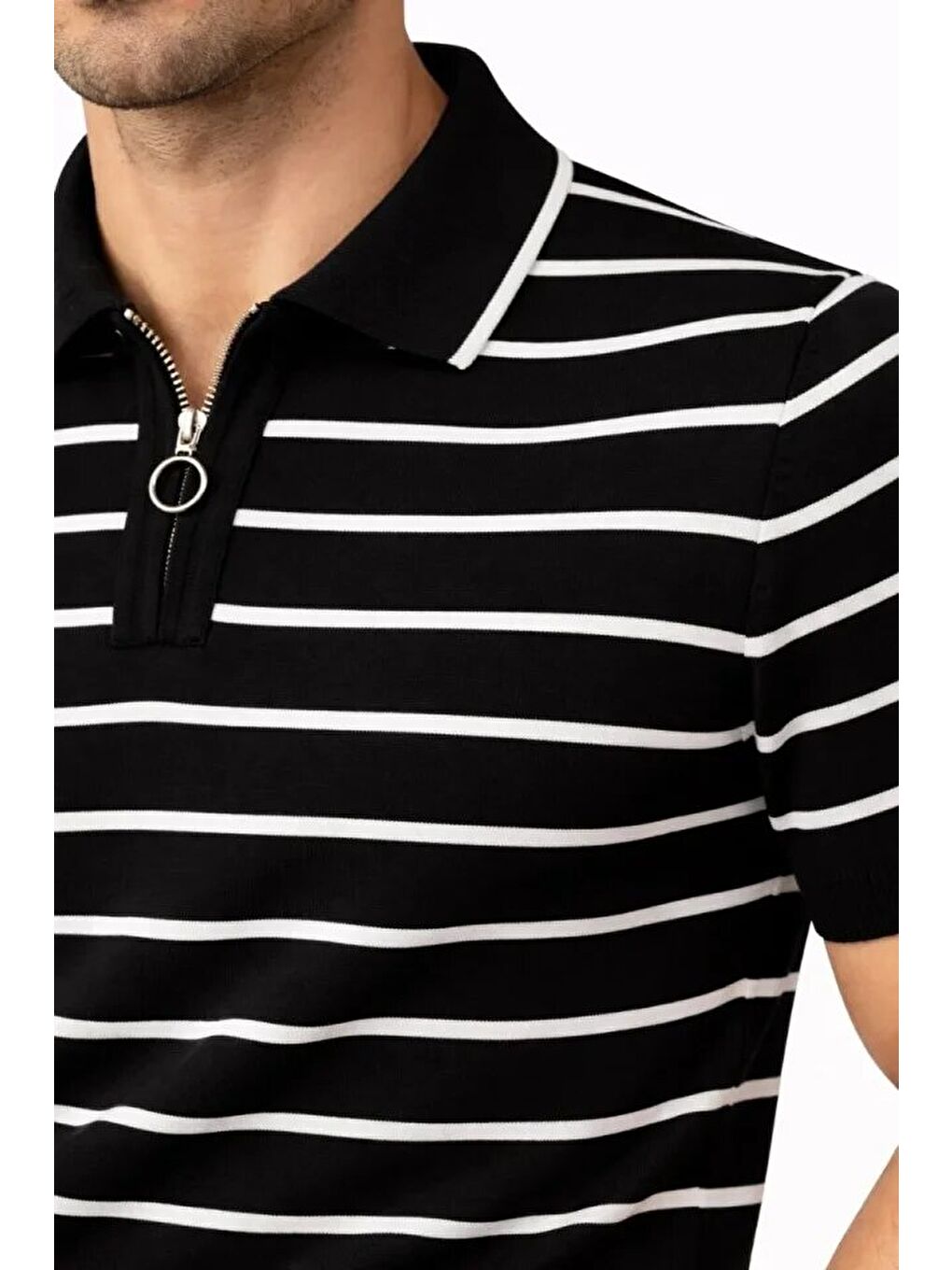 Siyah Erkek Triko Polo Yaka Fermuarlı Çizgili Tişört-1