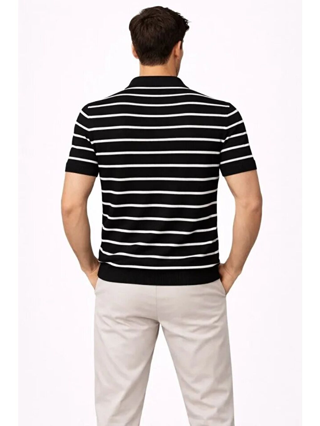 Siyah Erkek Triko Polo Yaka Fermuarlı Çizgili Tişört-2