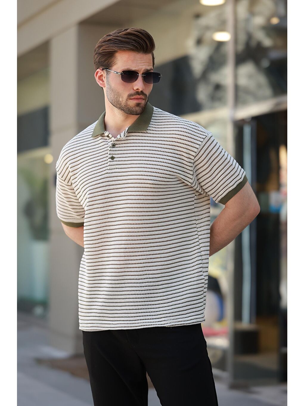 Haki Polo Yaka Triko Erkek Tişört E7139-1