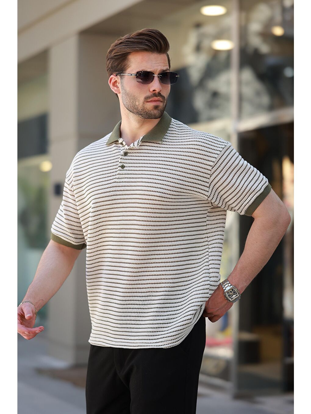 Haki Polo Yaka Triko Erkek Tişört E7139-3