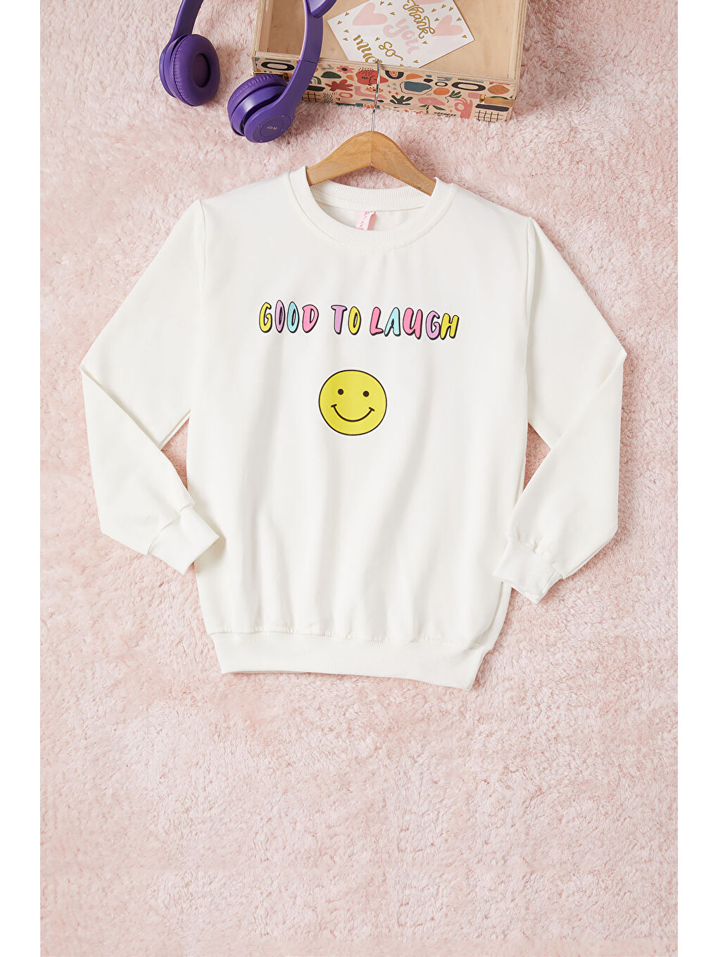 Pembe Life Kids Club Ekru Gülen Yüz Sırtı Baskılı Kız Çocuk Sweatshirt 16700