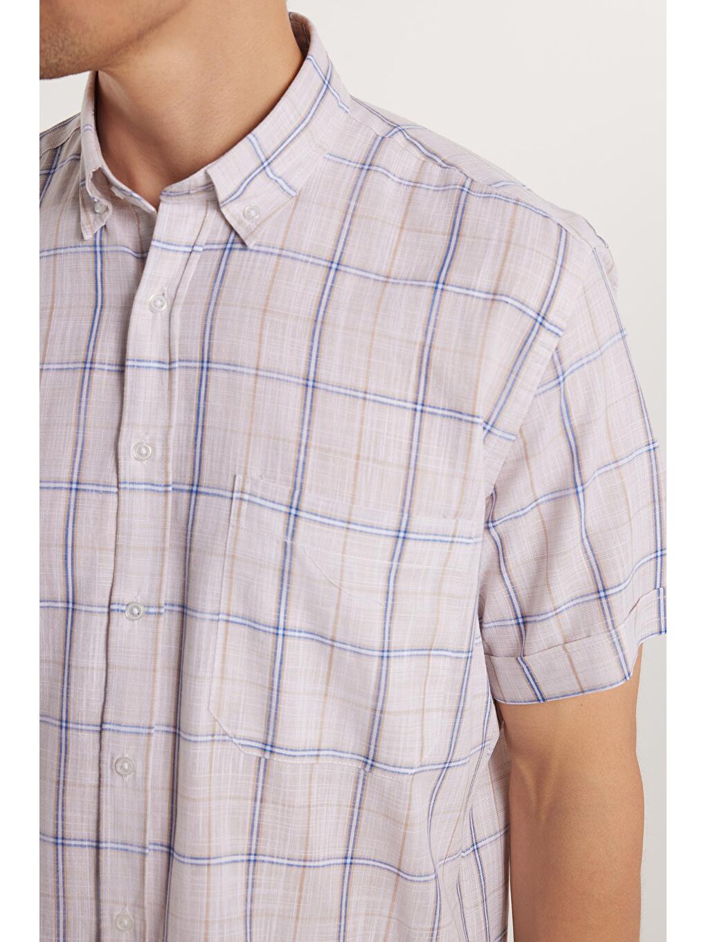 Karışık Erkek Regular Fit Klasik Kesim %100 Pamuk Keten Doku Tek Cepli Kareli Kısa Kollu Düğmeli Yaka Gömlek-2