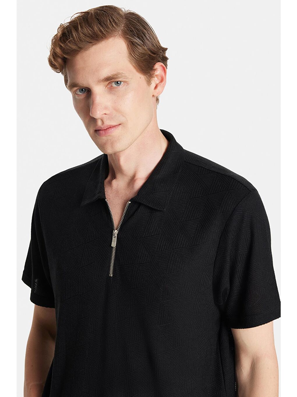 Erkek Slim Fit Dar Kesim Viskon Fermuarlı Polo Yaka Siyah Tişört-1