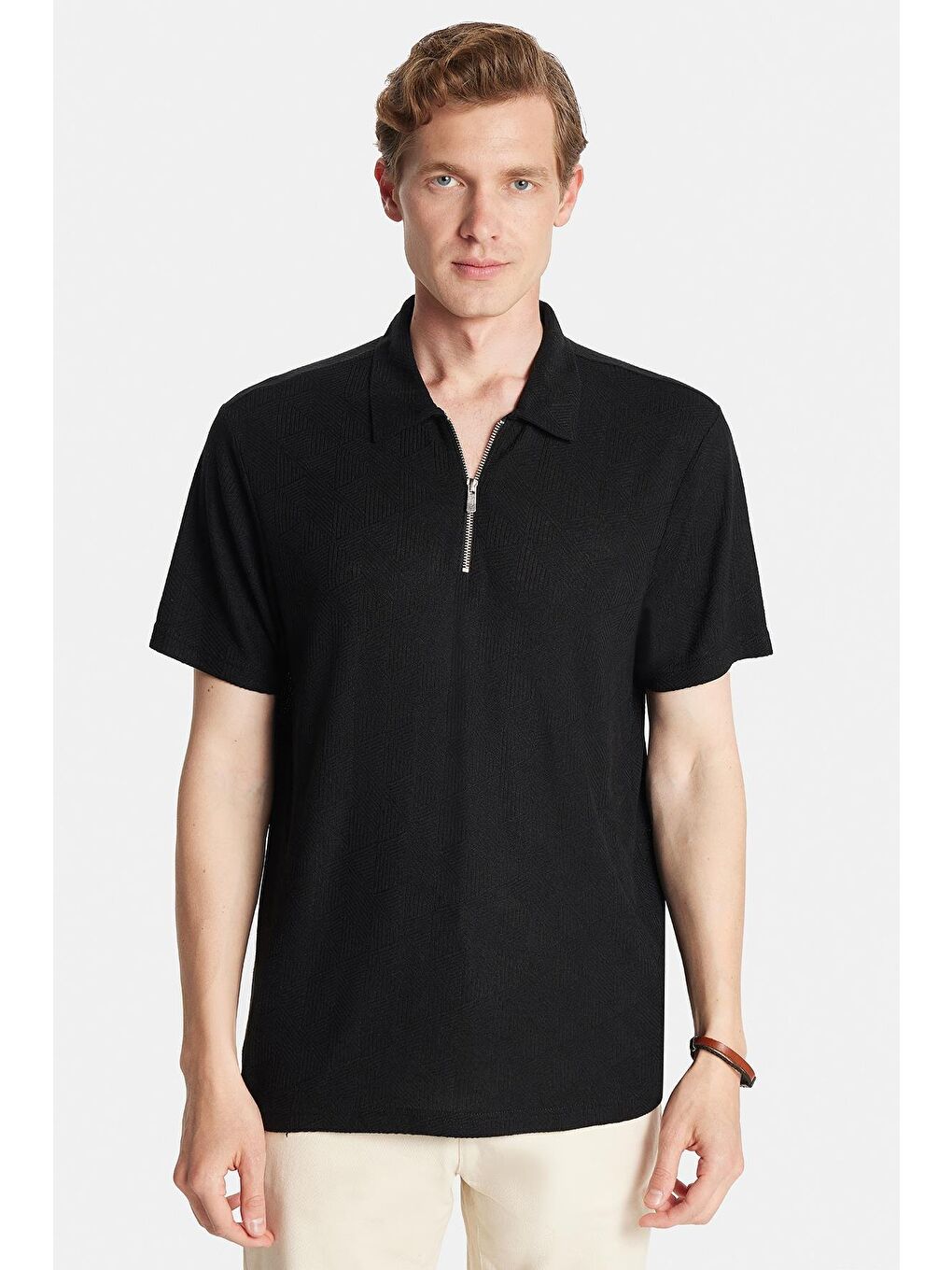 Erkek Slim Fit Dar Kesim Viskon Fermuarlı Polo Yaka Siyah Tişört-3