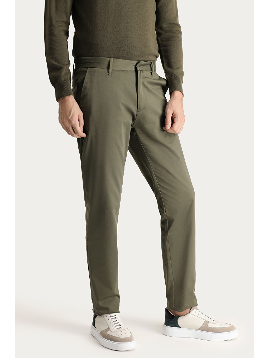 Yeşil Regular Fit Elastanlı Saten Kanvas / Chino Pantolon-2