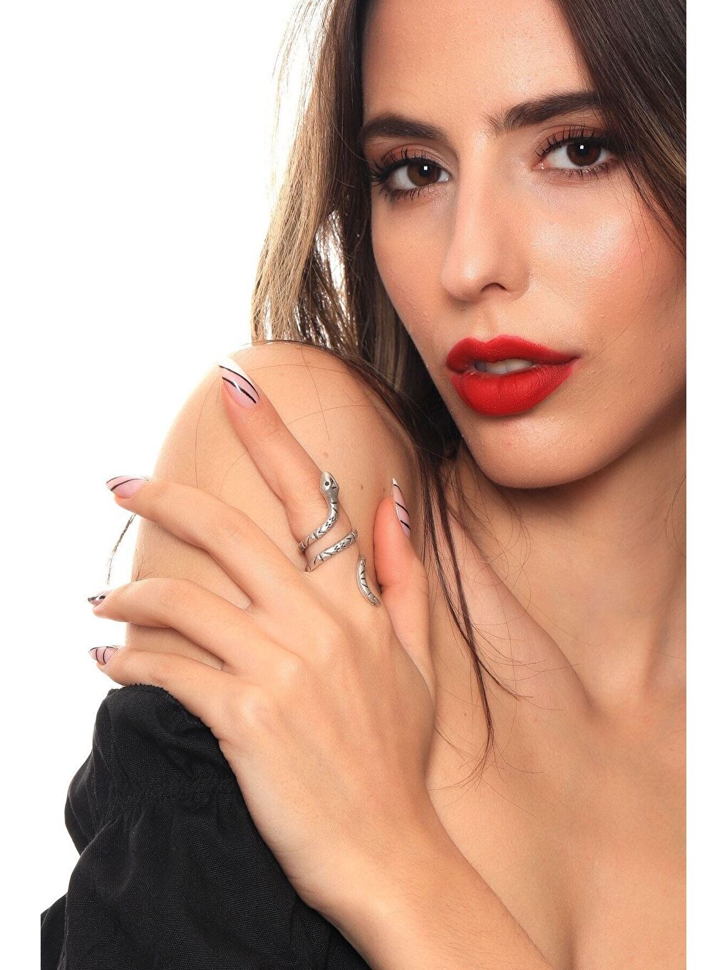 Gri Kadın Antik Gümüş Kaplama Baskılı Dolama Yılan Formlu Yüzük-3