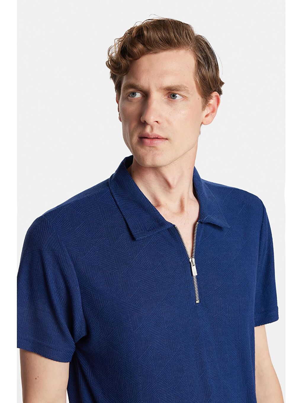 Erkek Slim Fit Dar Kesim Viskon Fermuarlı Polo Yaka Lacivert Tişört-1