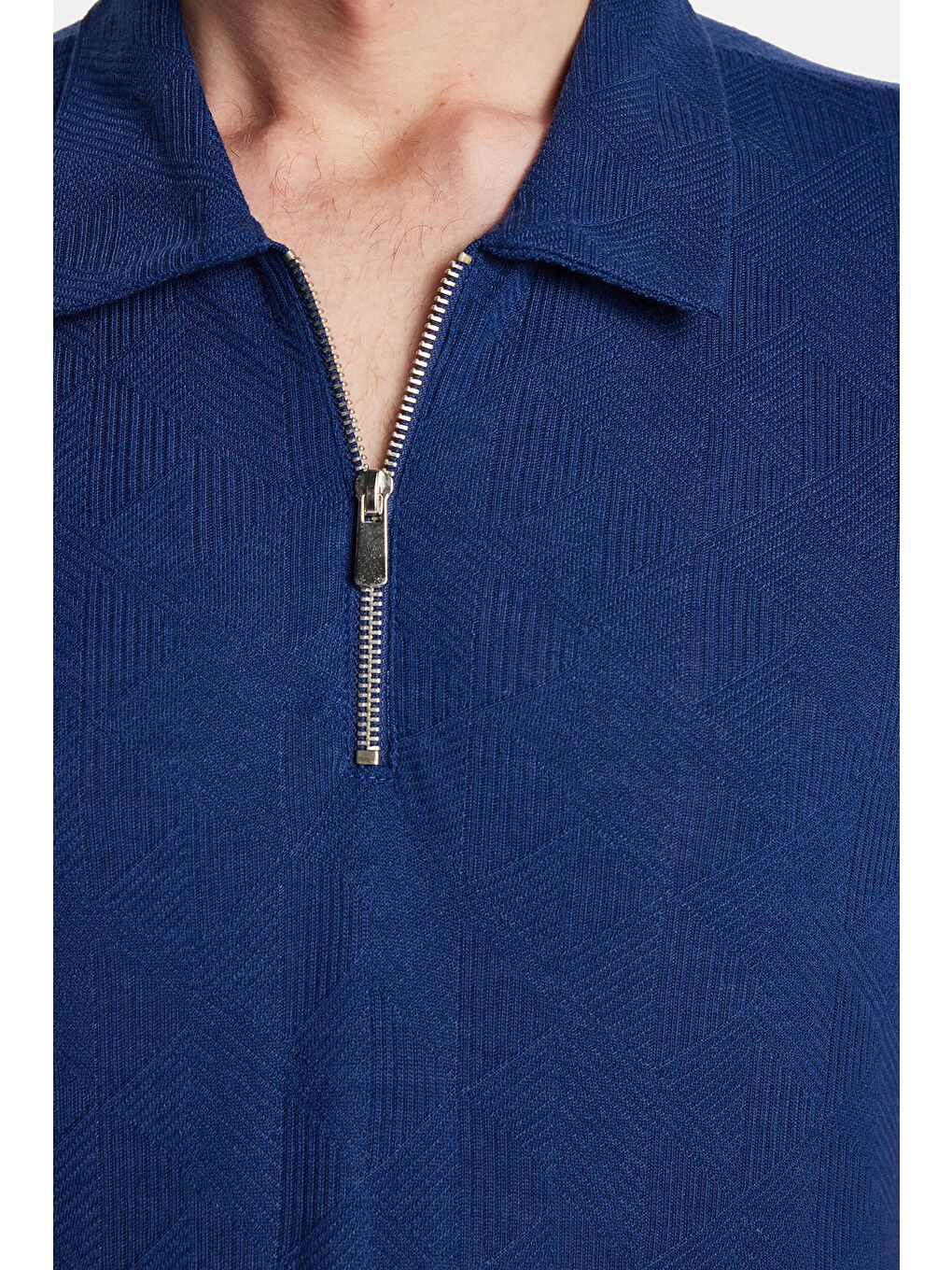 Erkek Slim Fit Dar Kesim Viskon Fermuarlı Polo Yaka Lacivert Tişört-2