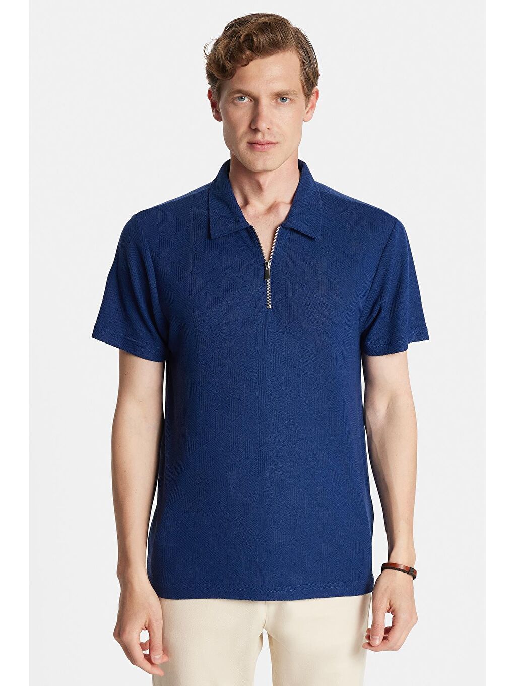 Erkek Slim Fit Dar Kesim Viskon Fermuarlı Polo Yaka Lacivert Tişört-3