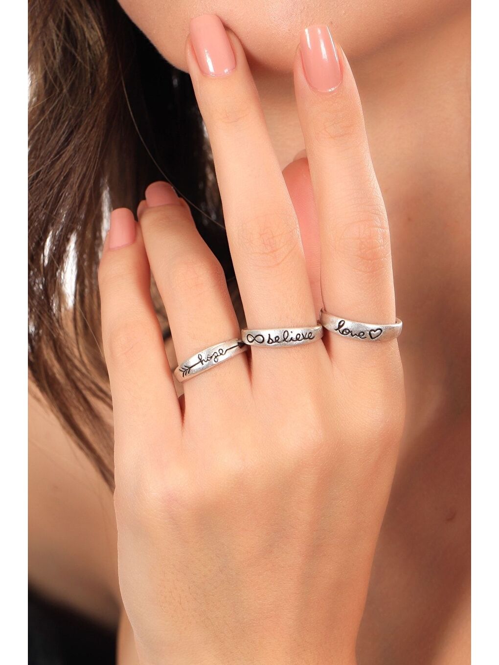 Gri Kadın Antik Gümüş Kaplama Aşk & Inanmak & Umut Etmek Ayarlanabilir 3 'lü Yüzük Seti-2