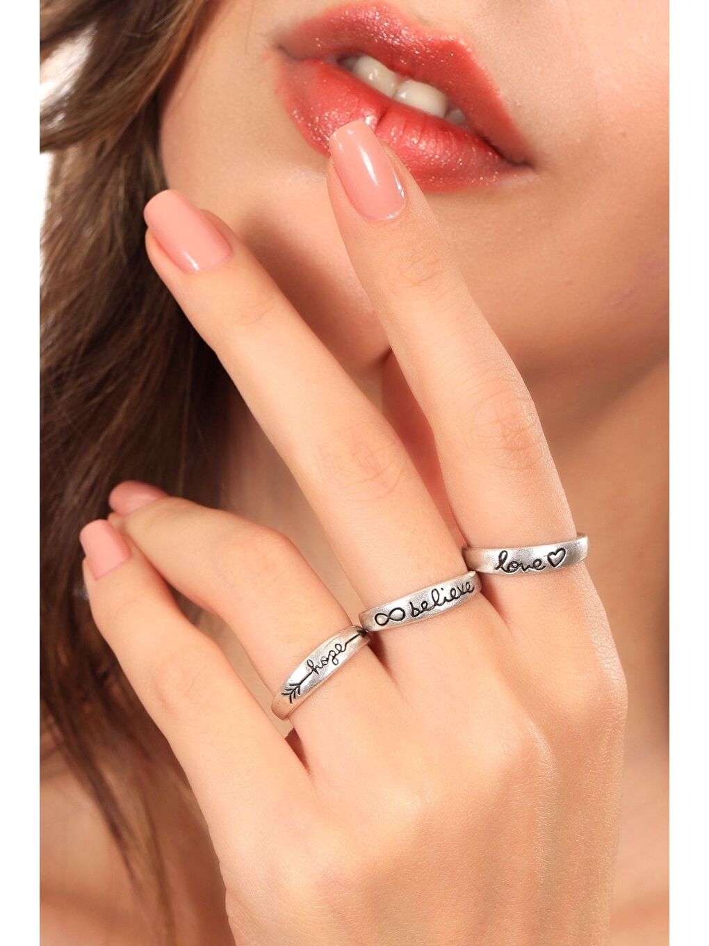 Gri Kadın Antik Gümüş Kaplama Aşk & Inanmak & Umut Etmek Ayarlanabilir 3 'lü Yüzük Seti-3