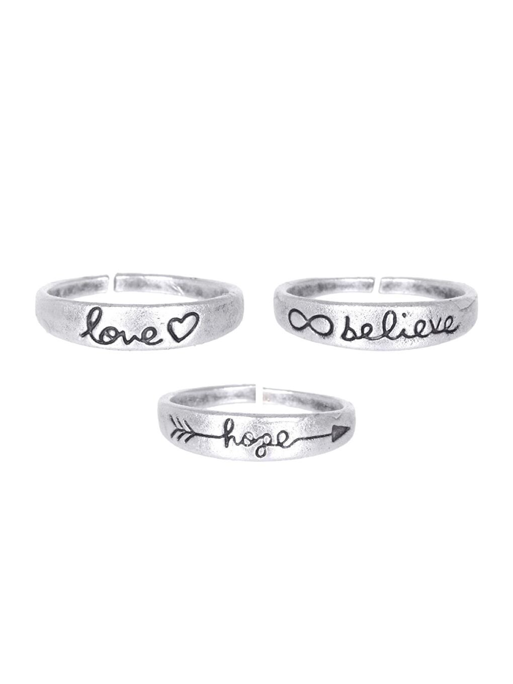 Gri Kadın Antik Gümüş Kaplama Aşk & Inanmak & Umut Etmek Ayarlanabilir 3 'lü Yüzük Seti