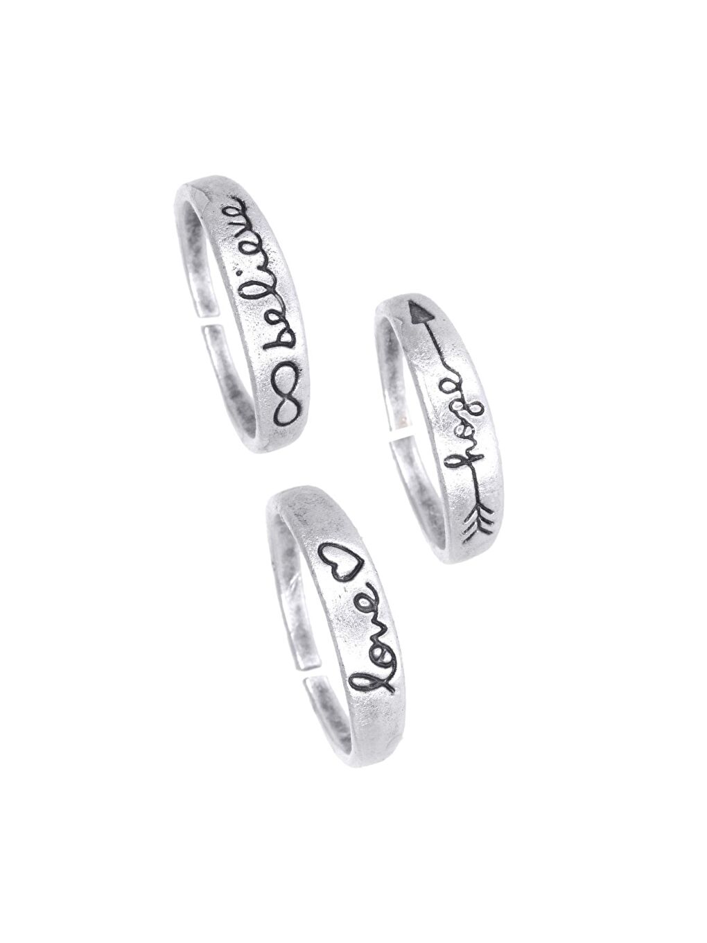 Gri Kadın Antik Gümüş Kaplama Aşk & Inanmak & Umut Etmek Ayarlanabilir 3 'lü Yüzük Seti-1