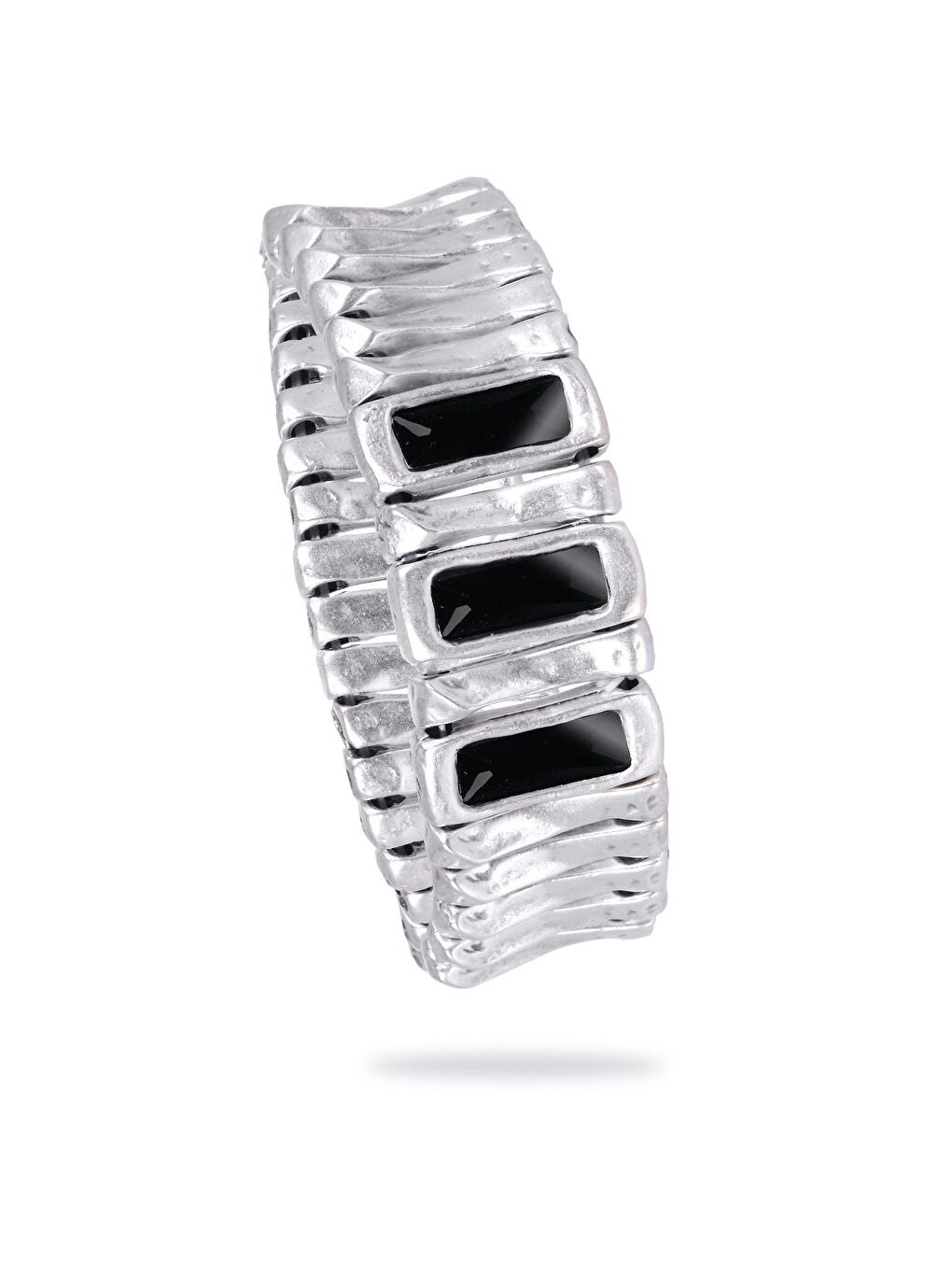 Gri Kadın Antik Gümüş Kaplama Çubuk Parçalı Beyaz Renk Taş Detaylı Lastikli Bohem Bileklik