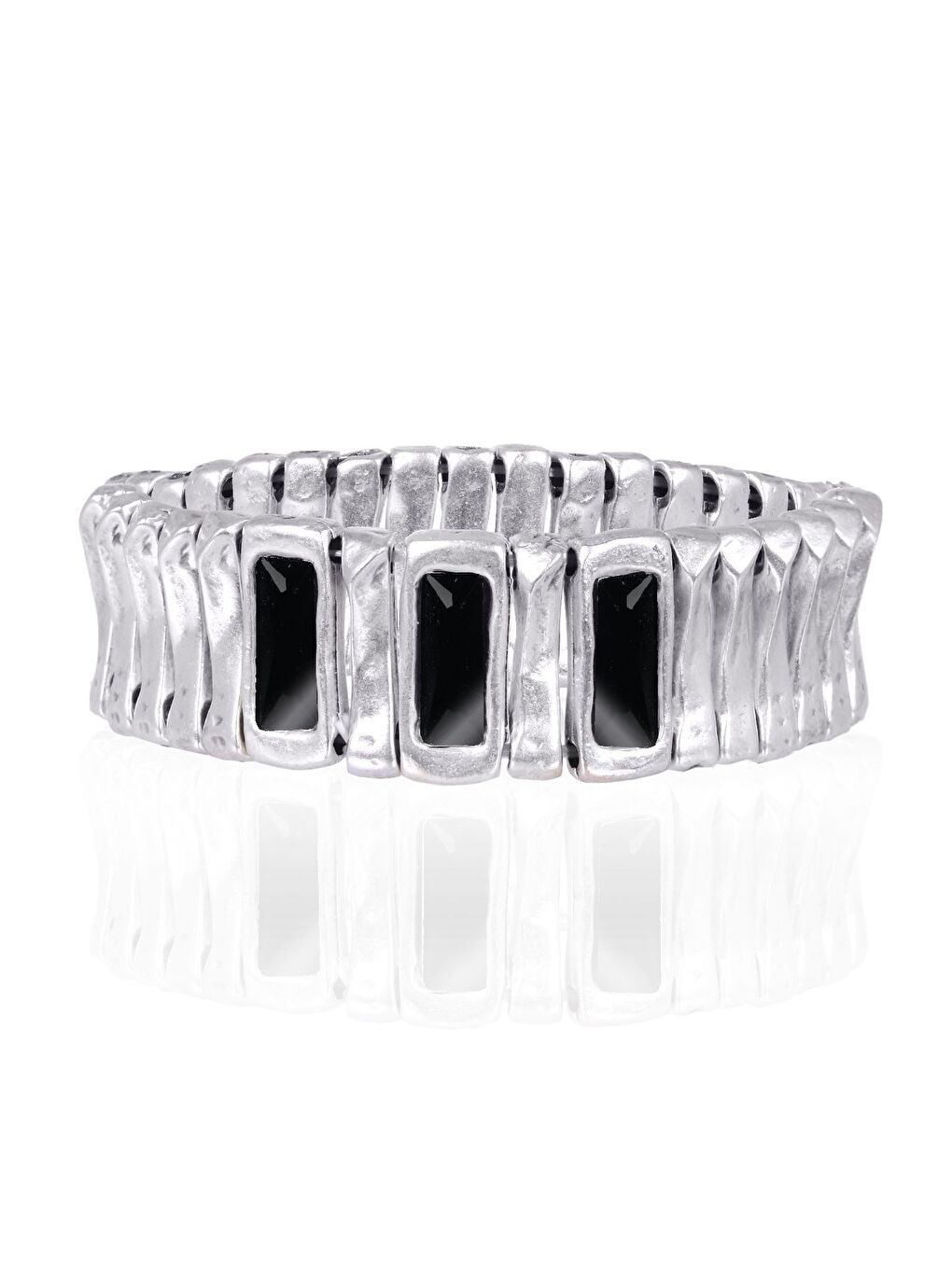 Gri Kadın Antik Gümüş Kaplama Çubuk Parçalı Beyaz Renk Taş Detaylı Lastikli Bohem Bileklik-1