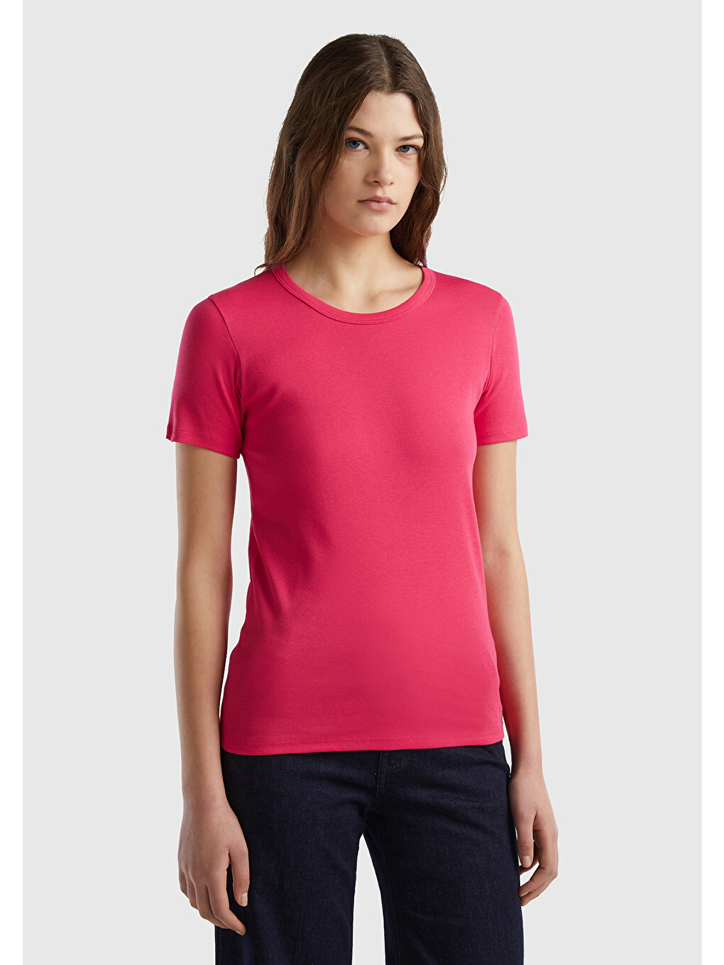 Kadın Koyu Pembe 100 Pamuk Basic Kısa Kollu Bisiklet Yaka T Shirt