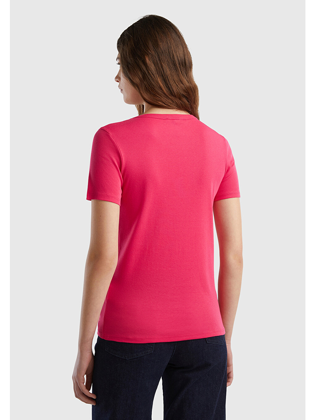 Kadın Koyu Pembe 100 Pamuk Basic Kısa Kollu Bisiklet Yaka T Shirt-2
