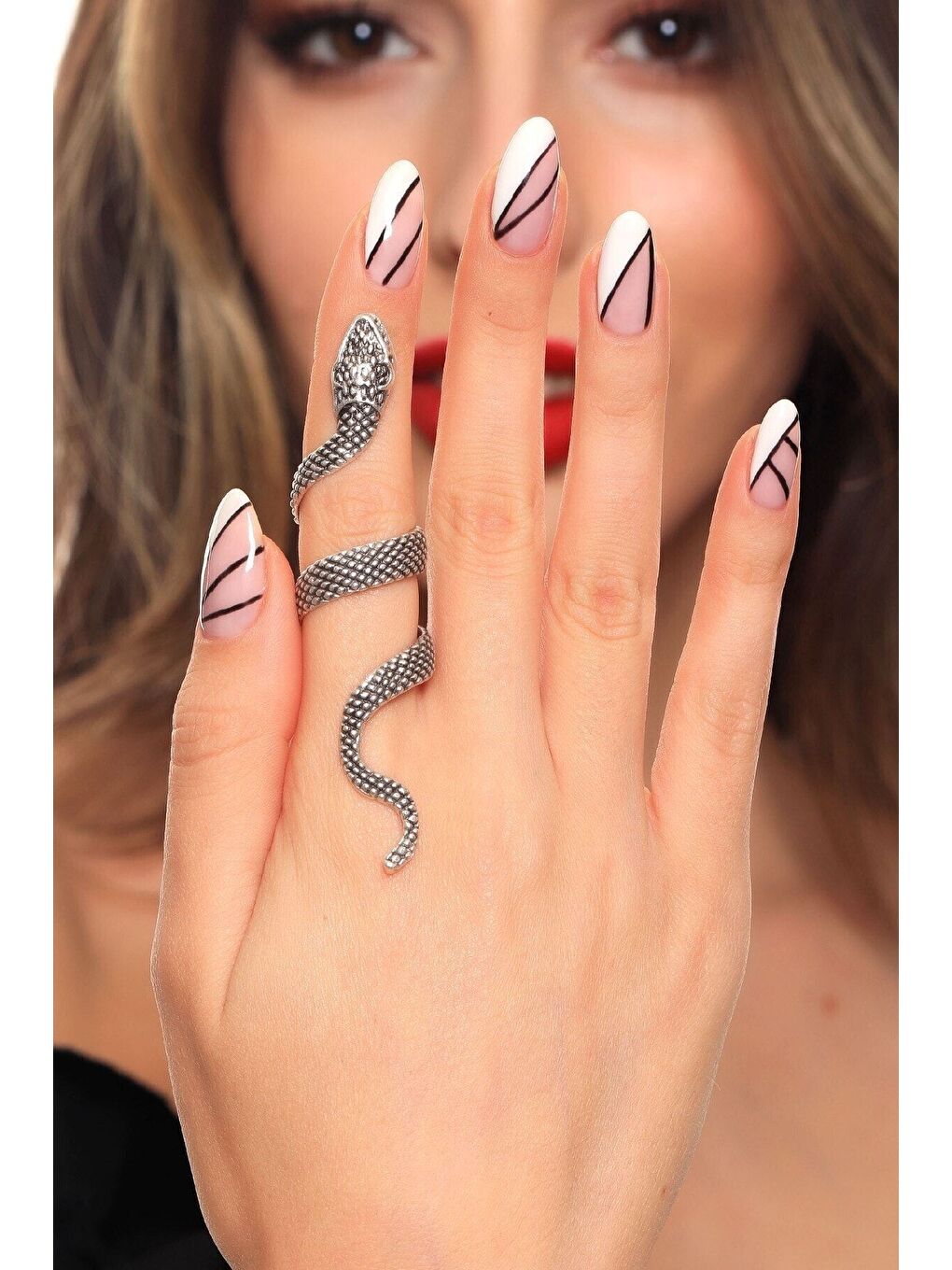 Gri Kadın Antik Gümüş Kaplama Dolama Model Yılan Formlu Ayarlanabilir Sağ Parmak Yüzük-3