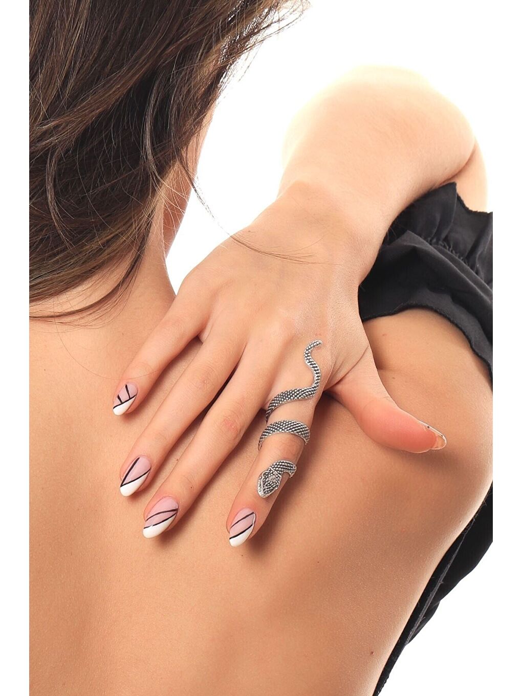 Gri Kadın Antik Gümüş Kaplama Dolama Model Yılan Formlu Ayarlanabilir Sağ Parmak Yüzük-4